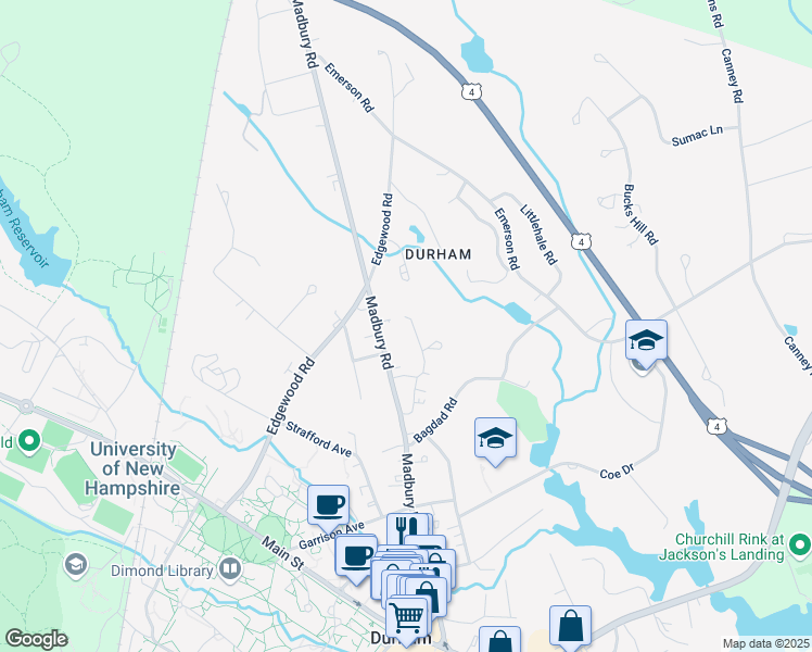 map of restaurants, bars, coffee shops, grocery stores, and more near 10 Woodside Drive in Durham