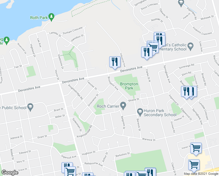map of restaurants, bars, coffee shops, grocery stores, and more near 856 Grosvenor Street in Woodstock