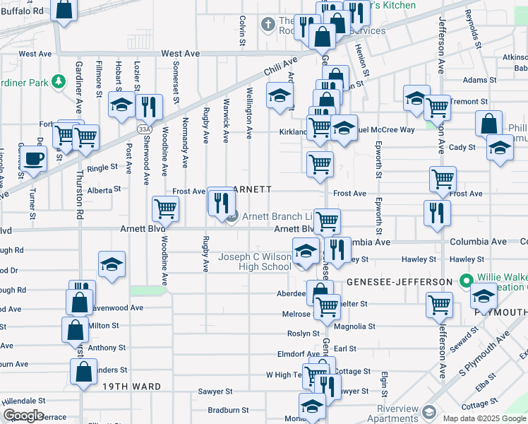map of restaurants, bars, coffee shops, grocery stores, and more near 299 Kenwood Avenue in Rochester