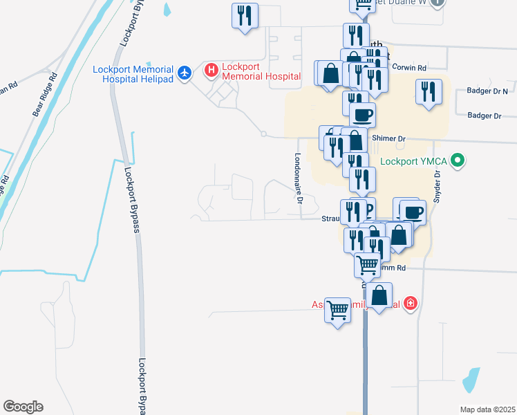 map of restaurants, bars, coffee shops, grocery stores, and more near 5797 Glendale Drive in Lockport