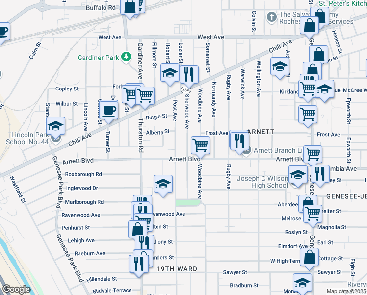 map of restaurants, bars, coffee shops, grocery stores, and more near 177 Sherwood Avenue in Rochester