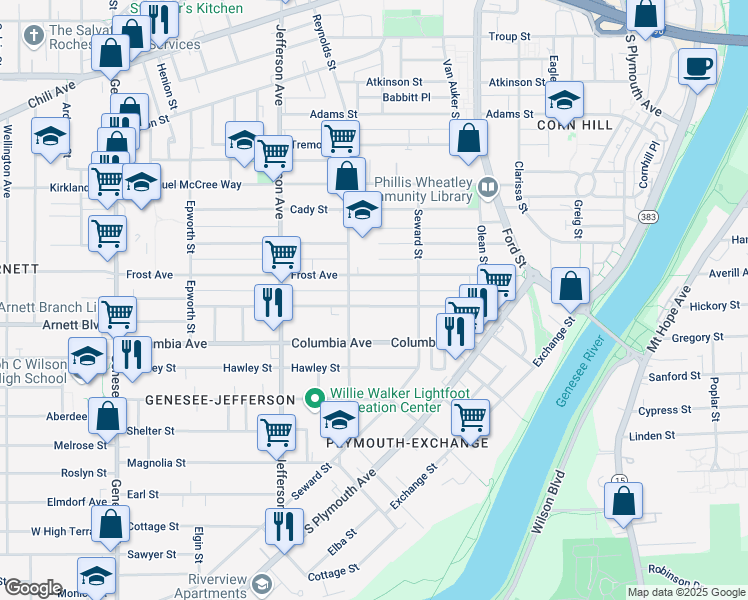 map of restaurants, bars, coffee shops, grocery stores, and more near 88 Bartlett Street in Rochester