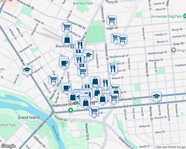 map of restaurants, bars, coffee shops, grocery stores, and more near 75 Chatham Street in Brantford