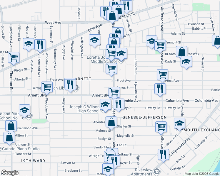 map of restaurants, bars, coffee shops, grocery stores, and more near 125 Lenox Street in Rochester