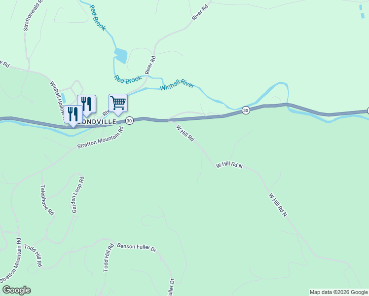 map of restaurants, bars, coffee shops, grocery stores, and more near 1-1A West Hill Road in Winhall