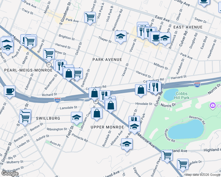 map of restaurants, bars, coffee shops, grocery stores, and more near 143 Canterbury Road in Rochester