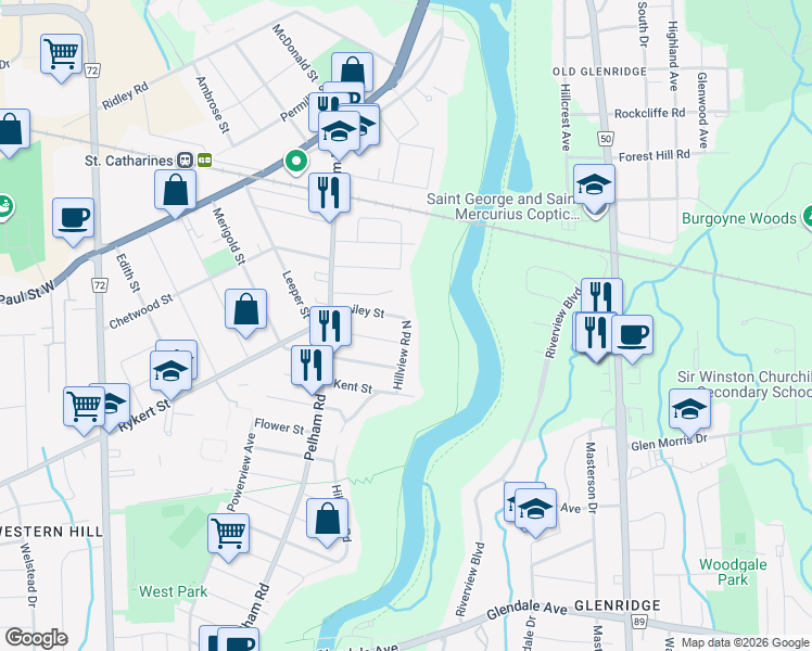 map of restaurants, bars, coffee shops, grocery stores, and more near 8 Hillview Road North in St. Catharines