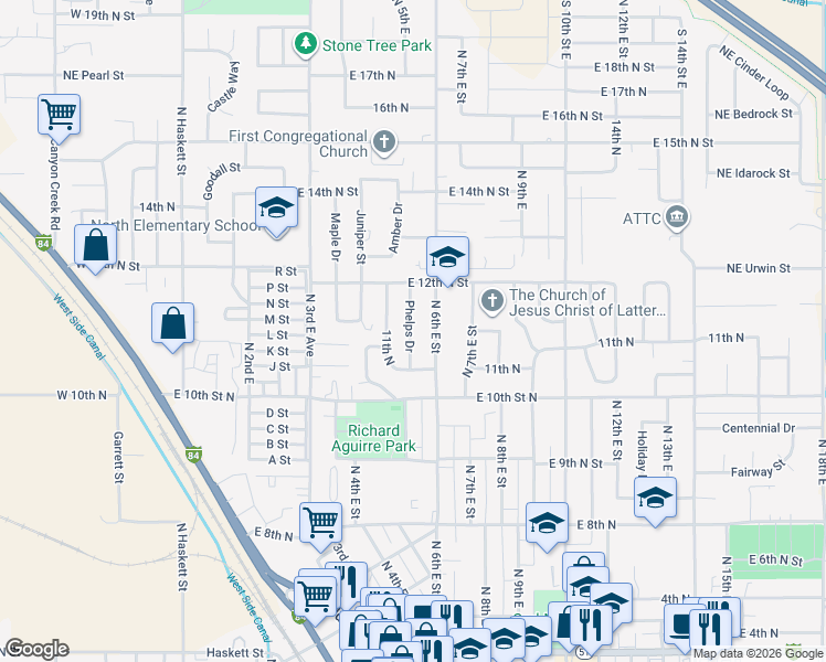 map of restaurants, bars, coffee shops, grocery stores, and more near 1130 Phelps Drive in Mountain Home