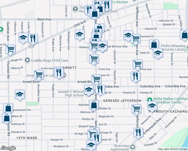 map of restaurants, bars, coffee shops, grocery stores, and more near 119 Lenox Street in Rochester