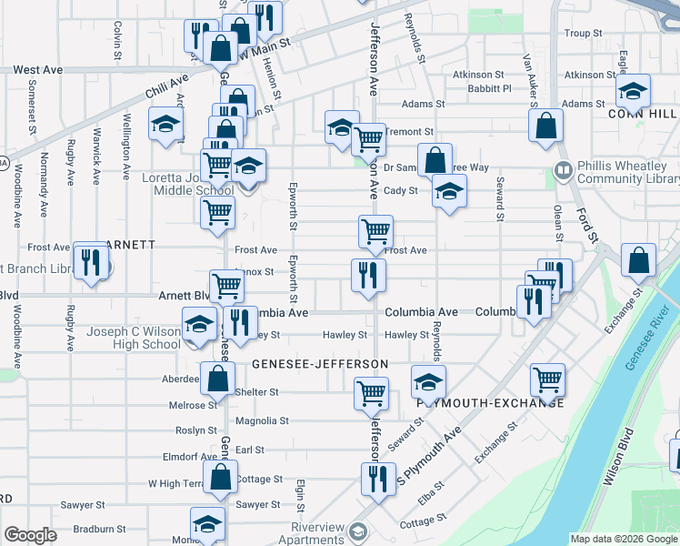 map of restaurants, bars, coffee shops, grocery stores, and more near 172 Bartlett Street in Rochester
