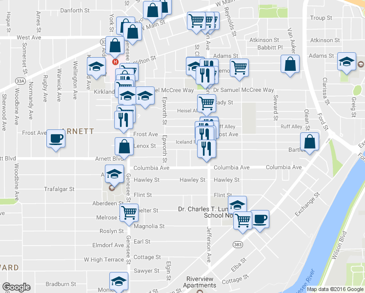 map of restaurants, bars, coffee shops, grocery stores, and more near 184 Bartlett Street in Rochester