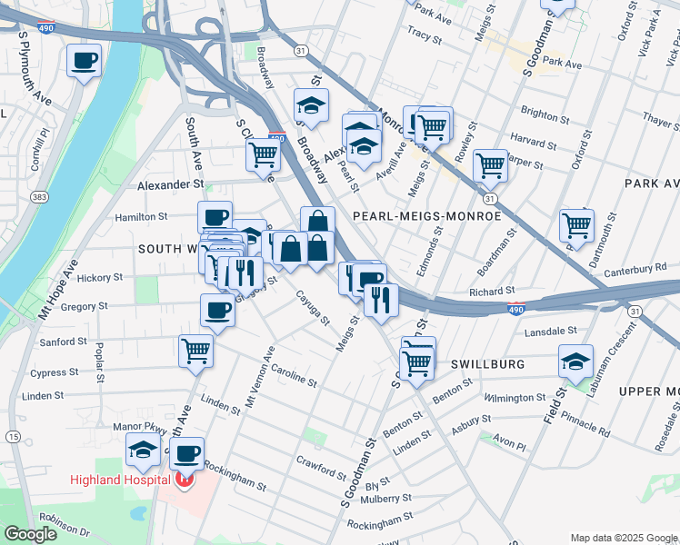 map of restaurants, bars, coffee shops, grocery stores, and more near 742 South Clinton Avenue in Rochester