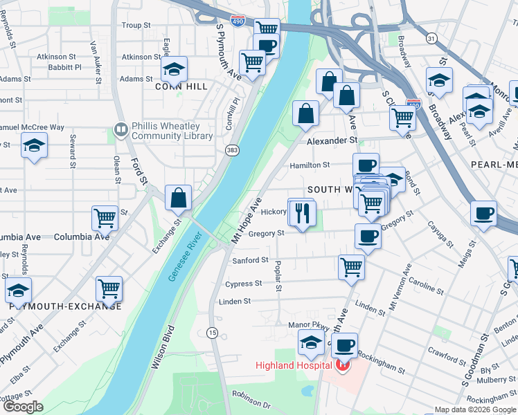 map of restaurants, bars, coffee shops, grocery stores, and more near 344 Mount Hope Avenue in Rochester