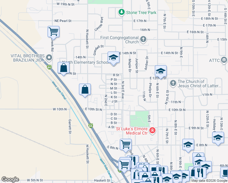 map of restaurants, bars, coffee shops, grocery stores, and more near 281 L Street in Mountain Home
