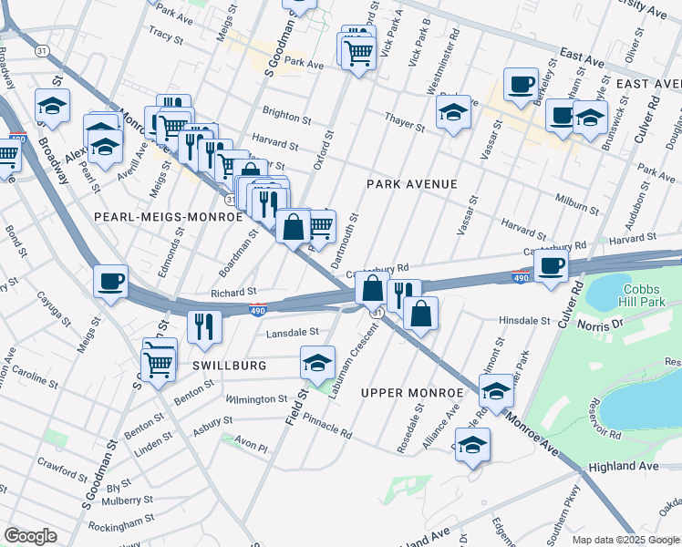 map of restaurants, bars, coffee shops, grocery stores, and more near in Rochester