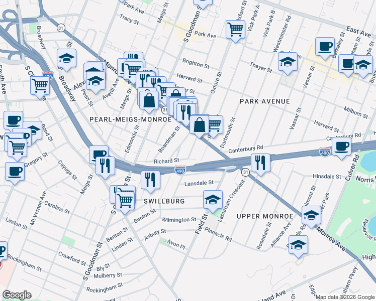 map of restaurants, bars, coffee shops, grocery stores, and more near 18 Sumner Park in Rochester