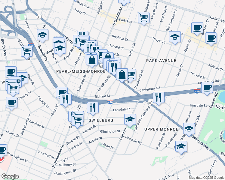 map of restaurants, bars, coffee shops, grocery stores, and more near 18 Sumner Park in Rochester