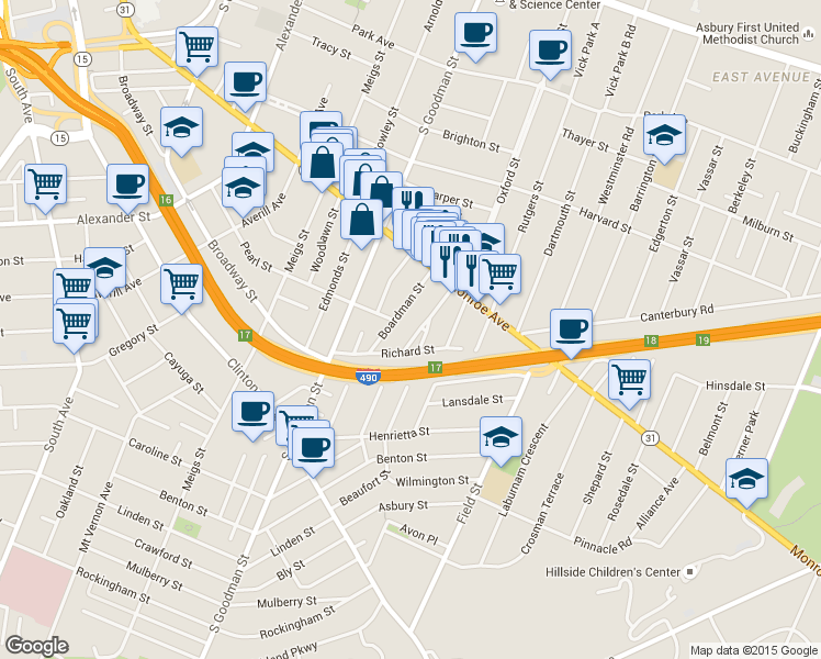 map of restaurants, bars, coffee shops, grocery stores, and more near 94 Boardman Street in Rochester