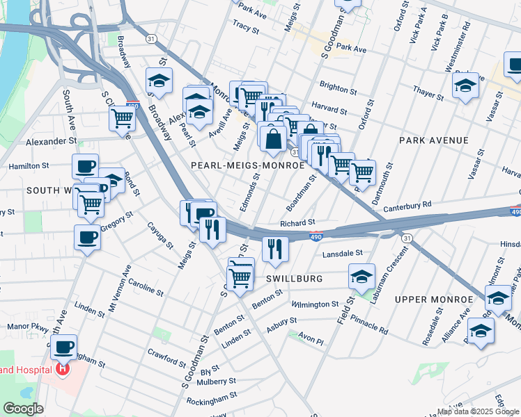 map of restaurants, bars, coffee shops, grocery stores, and more near 29 Rising Place in Rochester