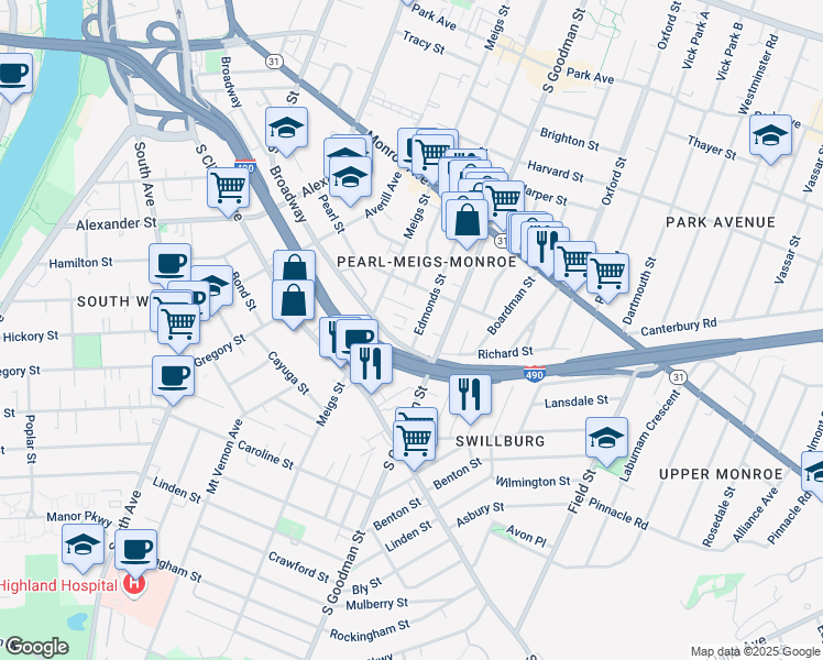 map of restaurants, bars, coffee shops, grocery stores, and more near 62 Edmonds Street in Rochester