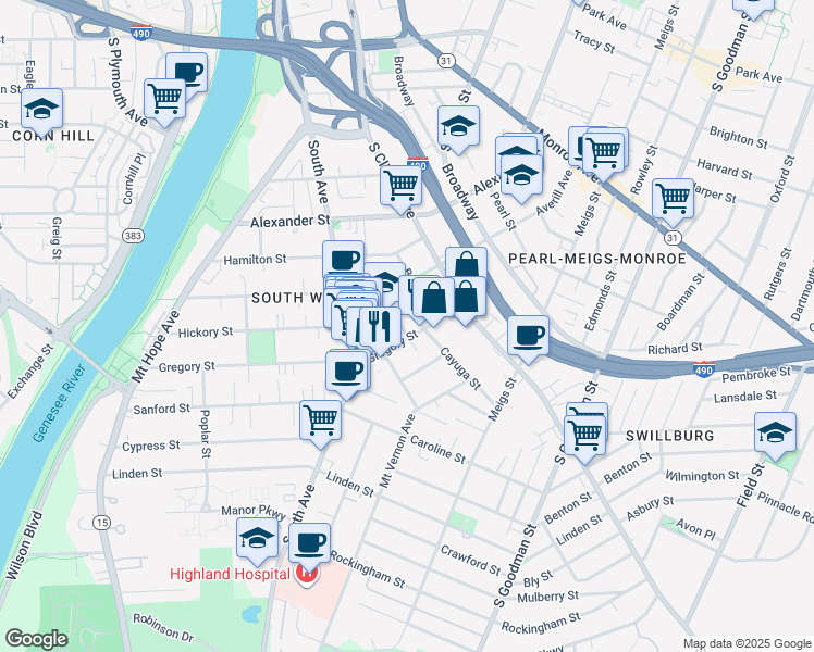 map of restaurants, bars, coffee shops, grocery stores, and more near 22 Whalin Street in Rochester
