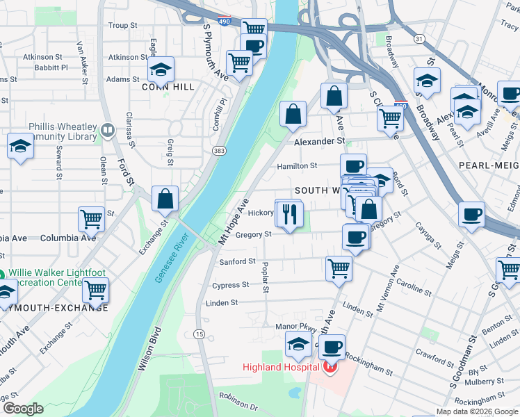 map of restaurants, bars, coffee shops, grocery stores, and more near 30 Hickory Street in Rochester