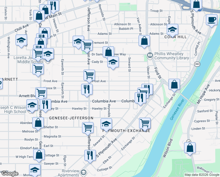 map of restaurants, bars, coffee shops, grocery stores, and more near 114.5 Bartlett Street in Rochester