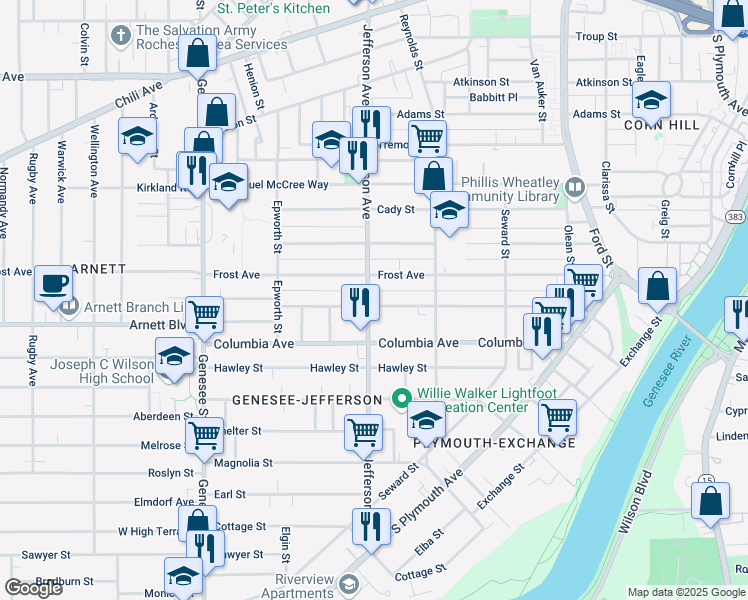 map of restaurants, bars, coffee shops, grocery stores, and more near 138 Bartlett Street in Rochester