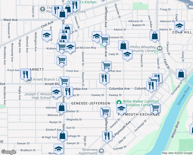 map of restaurants, bars, coffee shops, grocery stores, and more near 184 Bartlett Street in Rochester