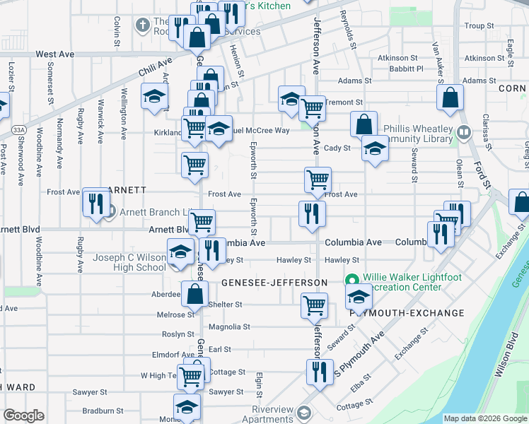 map of restaurants, bars, coffee shops, grocery stores, and more near 212 Bartlett Street in Rochester