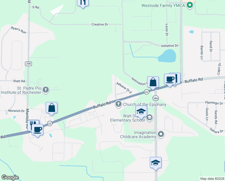 map of restaurants, bars, coffee shops, grocery stores, and more near 5 Adeane Drive West in Rochester
