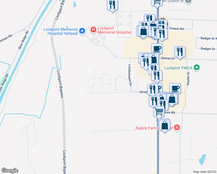 map of restaurants, bars, coffee shops, grocery stores, and more near 5797 Glendale Drive in Lockport