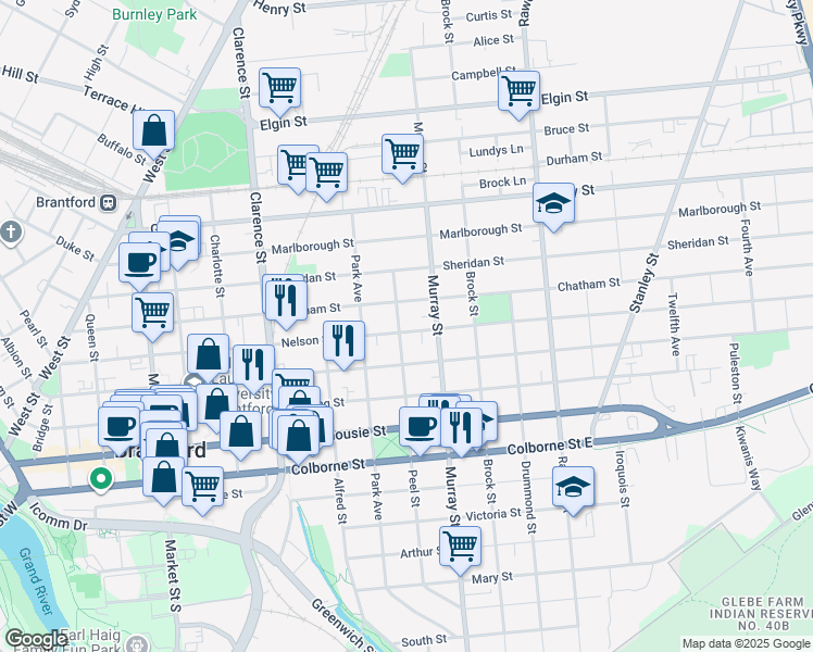 map of restaurants, bars, coffee shops, grocery stores, and more near 194 Nelson Street in Brantford
