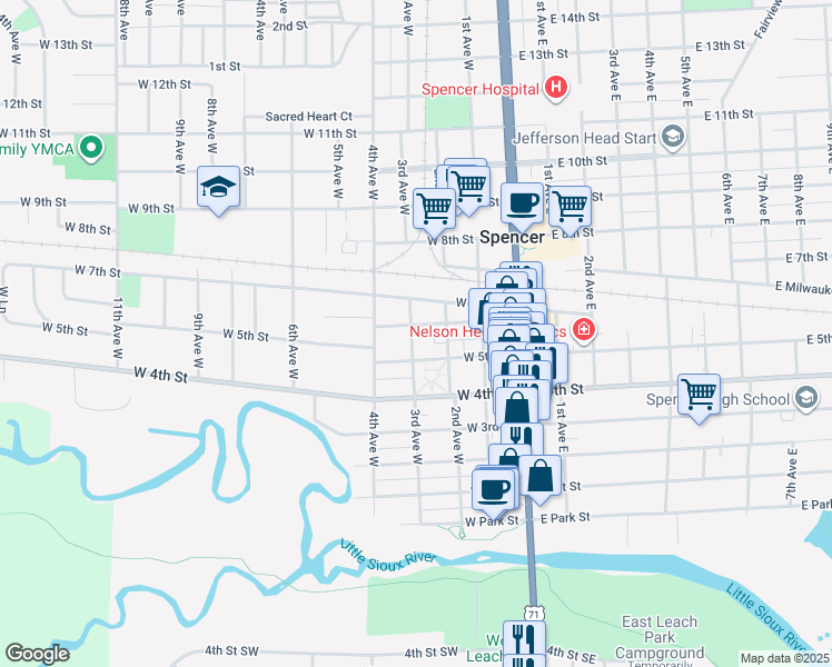 map of restaurants, bars, coffee shops, grocery stores, and more near 521 3rd Avenue West in Spencer
