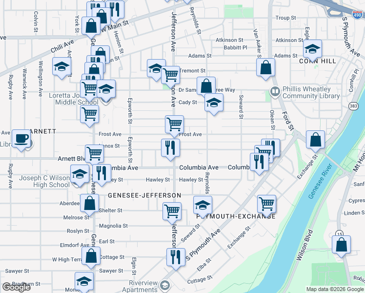 map of restaurants, bars, coffee shops, grocery stores, and more near 142 Bartlett Street in Rochester