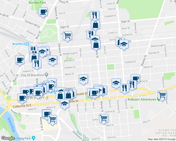 map of restaurants, bars, coffee shops, grocery stores, and more near 194 Nelson Street in Brantford