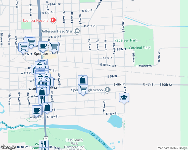 map of restaurants, bars, coffee shops, grocery stores, and more near 605 E 5th St in Spencer