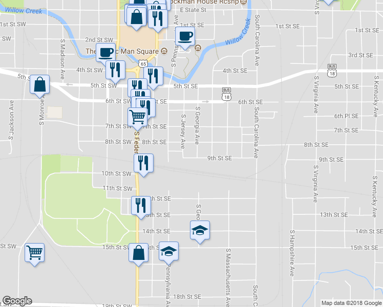map of restaurants, bars, coffee shops, grocery stores, and more near 246 9th Street Southeast in Mason City