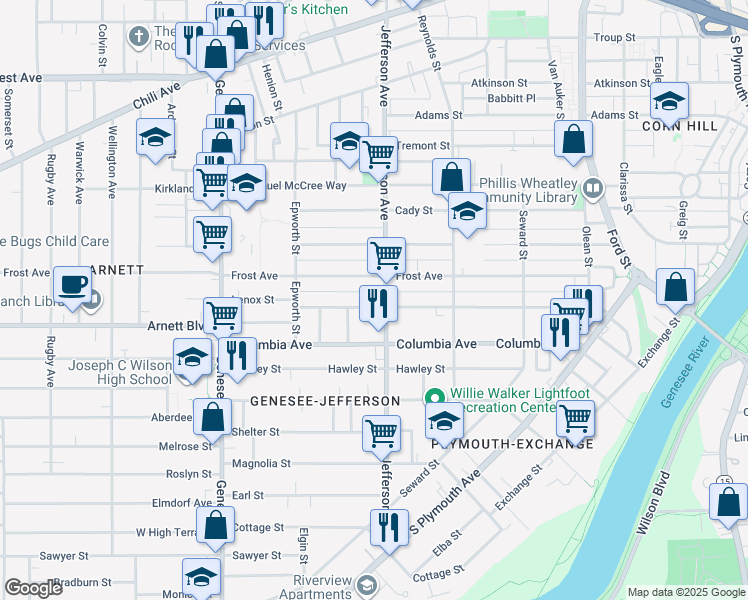map of restaurants, bars, coffee shops, grocery stores, and more near 595 Jefferson Avenue in Rochester