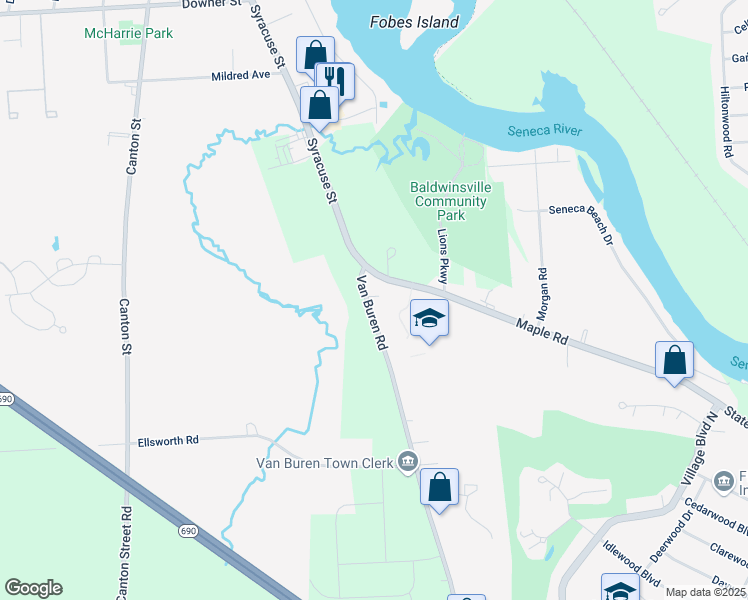 map of restaurants, bars, coffee shops, grocery stores, and more near 7708 Van Buren Rd in Baldwinsville