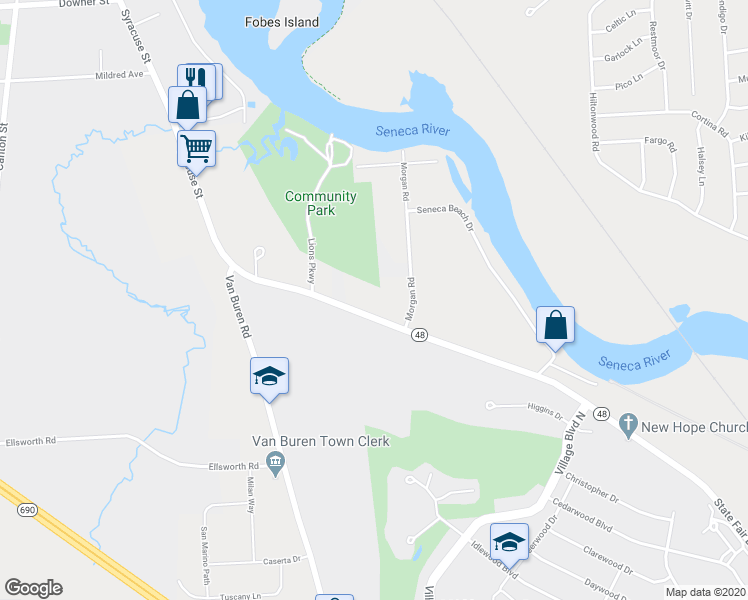 map of restaurants, bars, coffee shops, grocery stores, and more near 7692 Maple Road in Baldwinsville