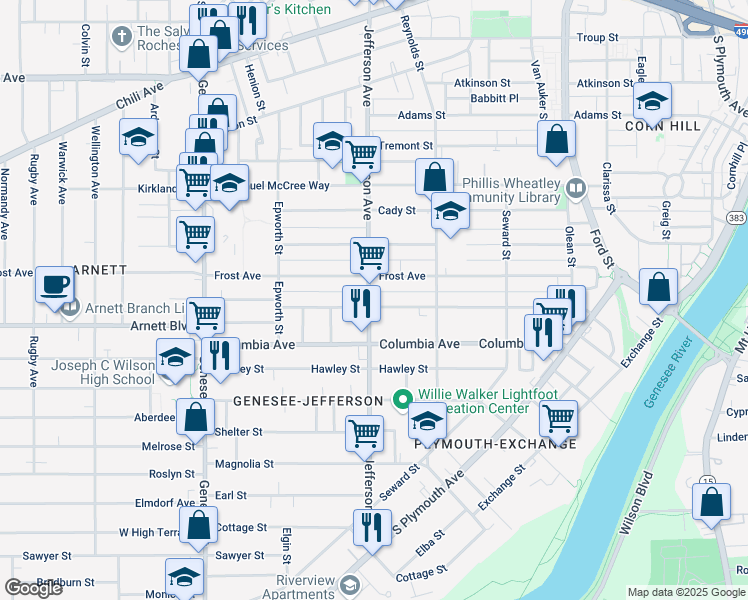 map of restaurants, bars, coffee shops, grocery stores, and more near 138 Bartlett Street in Rochester