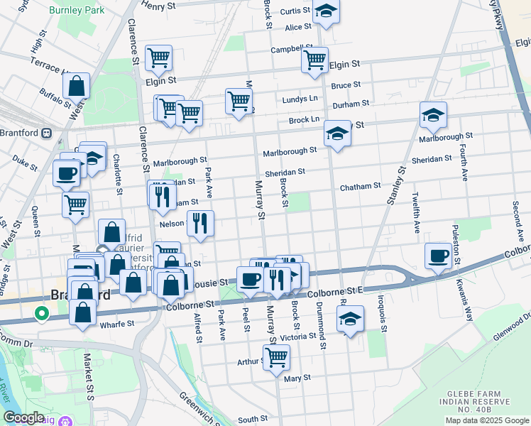 map of restaurants, bars, coffee shops, grocery stores, and more near 209 Murray Street in Brantford
