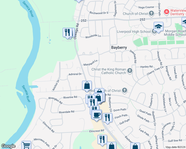 map of restaurants, bars, coffee shops, grocery stores, and more near 6 Alder Lane in Liverpool