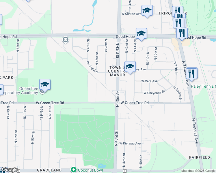 map of restaurants, bars, coffee shops, grocery stores, and more near 6900 North 44th Street in Milwaukee