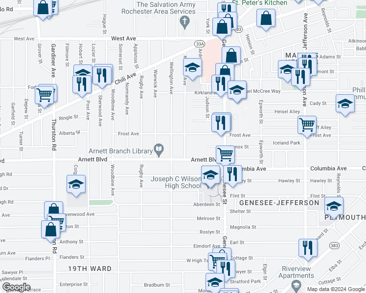 map of restaurants, bars, coffee shops, grocery stores, and more near 295 Kenwood Avenue in Rochester