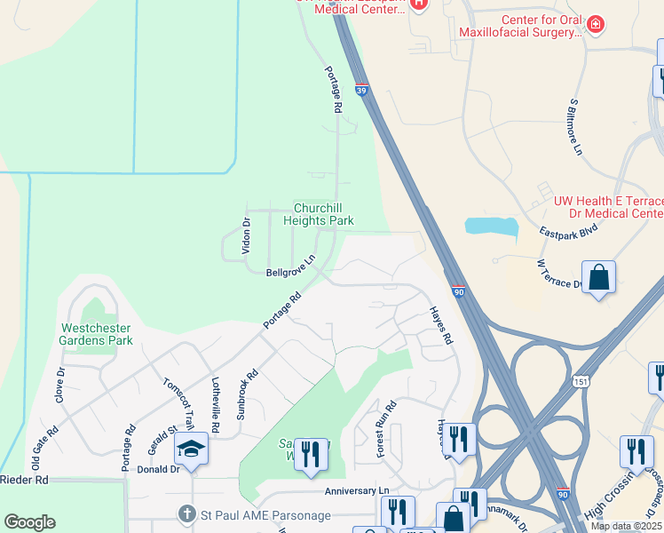 map of restaurants, bars, coffee shops, grocery stores, and more near 4199 Portage Road in Madison