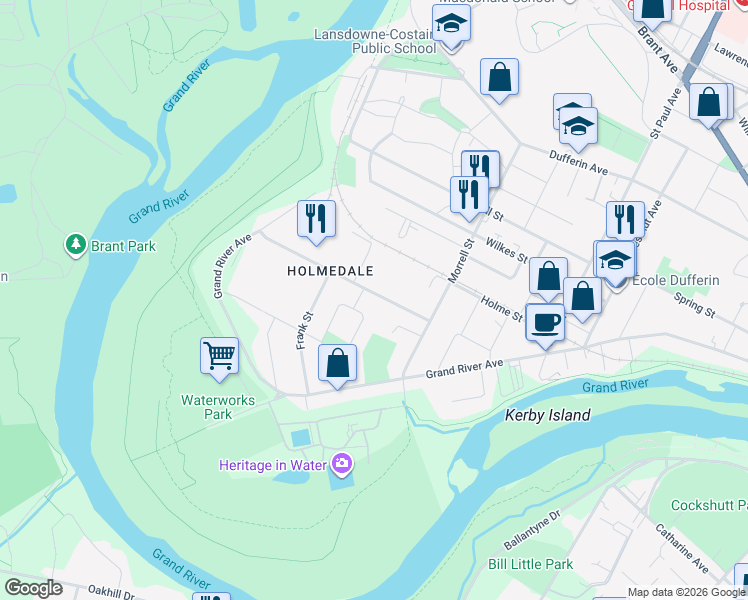 map of restaurants, bars, coffee shops, grocery stores, and more near 44 Webster Street in Brantford