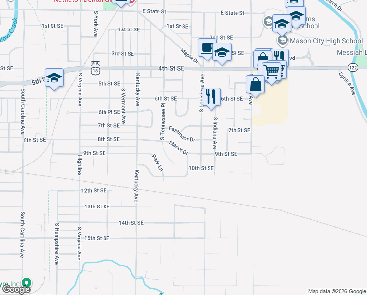 map of restaurants, bars, coffee shops, grocery stores, and more near 1144 Manor Drive in Mason City