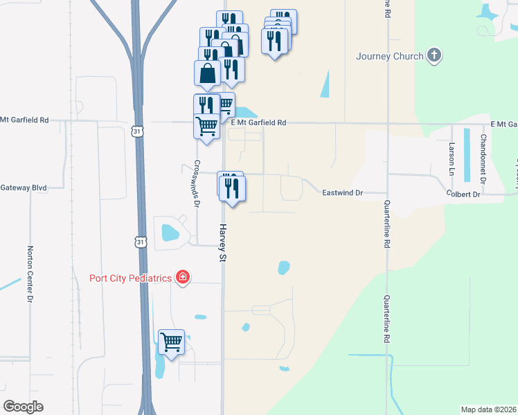 map of restaurants, bars, coffee shops, grocery stores, and more near 1676 Grevel Court in Muskegon
